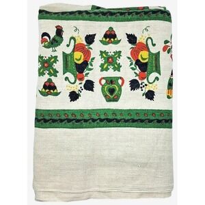 Folk Art Unbranded Linen Rectangular Tablecloth 56x80 Cream Green Red Rooster
